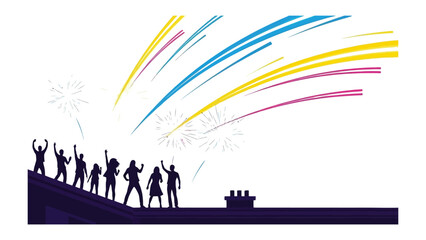 Celebratory Rooftop Silhouette: A group of silhouettes stands on a rooftop, silhouetted against a burst of colorful fireworks. A sense of anticipation, excitement, and celebration.
