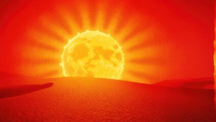 Fiery Sun Setting Over Desert Landscape.