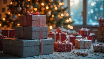 Elegant Christmas presents with sparkling tree lights create a festive holiday mood and bring joy to your heartwarming seasonal campaigns