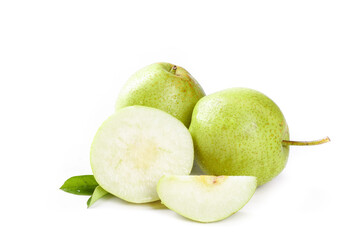 Fresh Green Pears Whole and Sliced on White Background