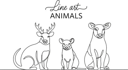 Animals outline set vector illustration. Line Art hand drawn woodland simple collection Outlined Animals Majestic Lion Elephant Giraffe deer cow etc.