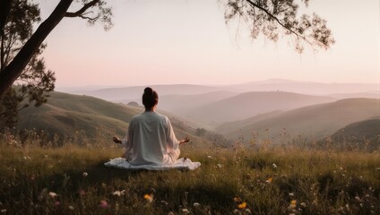 Person meditating on a hilltop at sunrise with rolling hills in the background.