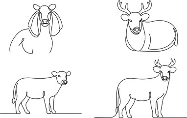 Animals outline set vector illustration. Line Art hand drawn woodland simple collection Outlined Animals Majestic Lion Elephant Giraffe deer cow etc.