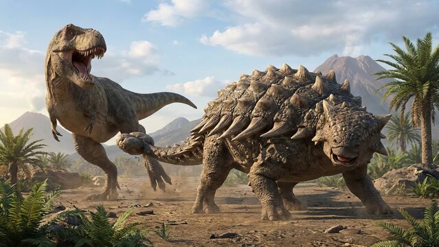 Tyrannosaurus rex lunging to attack an ankylosaurus defending itself with strong armor plates and tail club, set in a prehistoric landscape with a smoking volcano and palm trees under a cloudy sky