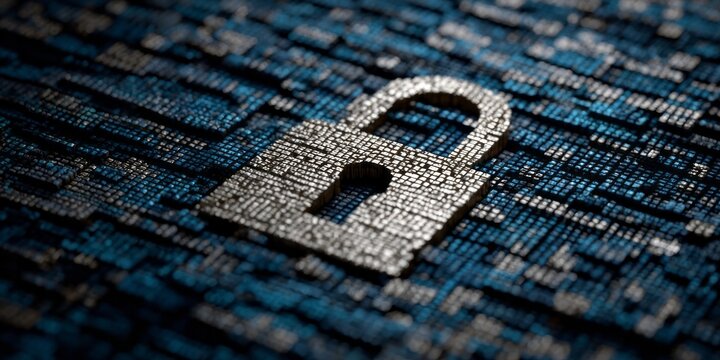 Digital padlock on abstract binary code symbolizes data security and protection.