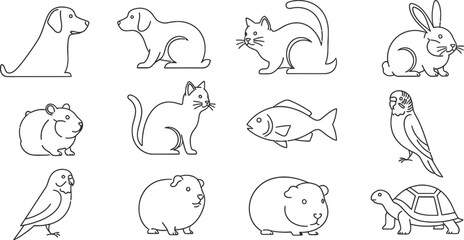 Animals outline set vector illustration. Line Art hand drawn woodland simple collection Outlined Animals Majestic Lion Elephant Giraffe deer cow etc.