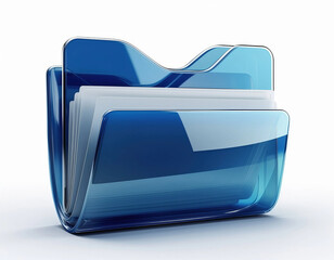 3D blue folder icon with glossy transparent design and multiple file sheets shown on white background