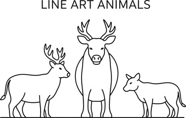 Animals outline set vector illustration. Line Art hand drawn woodland simple collection Outlined Animals Majestic Lion Elephant Giraffe deer cow etc.