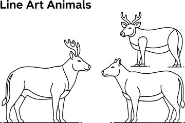 Animals outline set vector illustration. Line Art hand drawn woodland simple collection Outlined Animals Majestic Lion Elephant Giraffe deer cow etc.