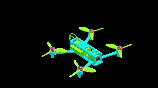 FPV Tactical Drone Flying Loop - 3D animation isolated on white background. Remote control air drone. Dron flying with action video camera.