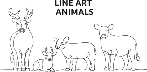 Animals outline set vector illustration. Line Art hand drawn woodland simple collection Outlined Animals Majestic Lion Elephant Giraffe deer cow etc.