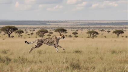 Cheetah sprinting across the savanna grassland under a cloudy sky in Africa.