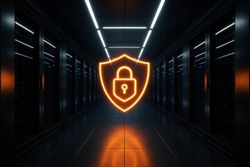 Digital Fortress: A glowing neon shield emblazoned with a padlock stands as a sentinel of security in a high-tech server room, representing digital protection.