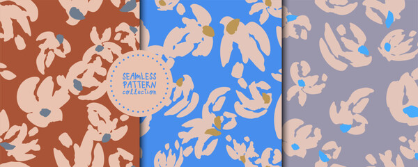 Set of three abstract floral seamless patterns in a modern color palette, featuring soft beige flower shapes with contrasting accents on terracotta, bright blue, and muted lavender backgrounds