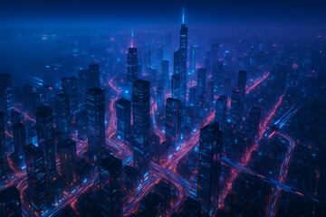 Stunning aerial view of futuristic city skyline at night with glowing traffic, perfect for tech companies or modern urban planning projects