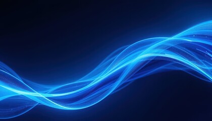 Stunning dynamic blue light wave flows across a dark digital background representing data stream or energy transfer