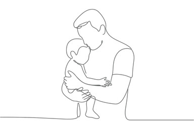 A single continuous line drawing capturing a father's tender embrace of his child