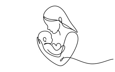 Continuous line art of a mother tenderly cradling her newborn baby