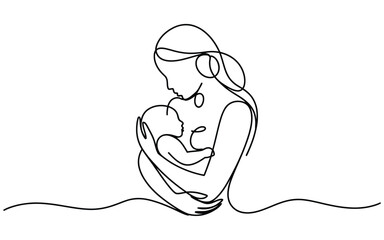 Continuous line drawing of a mother cradling her newborn baby with care