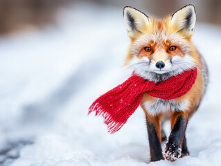 Obraz premium Red fox wearing red scarf walks through snowy landscape with joyful expression creating festive christmas atmosphere in winter