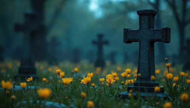 Stone cross in a cemetery surrounded by yellow flowers and green grass. Other crosses are visible in the background, with a misty, atmospheric effect. The scene suggests remembrance and peace.
