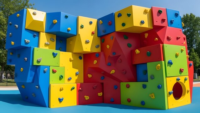 Colorful outdoor climbing wall for children with various shaped holds, a vibrant and engaging structure designed for recreational activity and physical exercise in a park setting