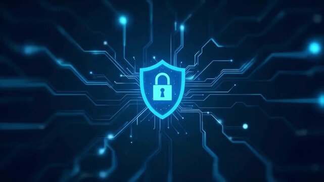 Cybersecurity data protection shield animation with digital lock icon, secure network encryption, safe online technology background, cyber defense system visualization video - Powered by Adobe