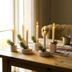 White ceramic candles with pine sprigs in soft natural light, creating peaceful Nordic holiday minimalism and calm style.