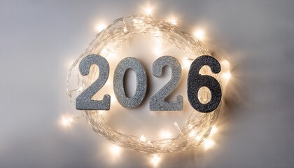 Close-up of Christmas circle made with white lights and silver 2026 numbers inside, on white background