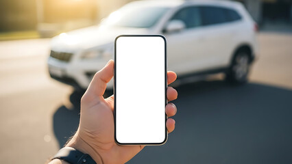 Hand holding a blank screen smartphone next to a parked car outdoors on a sunny day, showing a technology and transportation concept