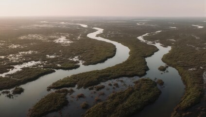 Aerial view of winding river through marshland, natural landscape.