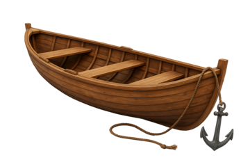 Wooden rowing boat with rope and anchor isolated on transparent background