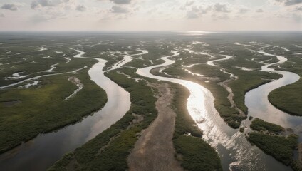 Aerial view of winding rivers through a lush green delta landscape under a bright sky.