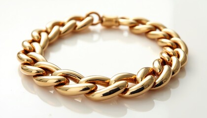 Obraz premium Thick gold chain bracelet lies on white surface. Oval links are connected in modern design. Fashionable accessory. Jewelry for men and woman. Luxury golden wristband shines. Gift idea for loved ones.
