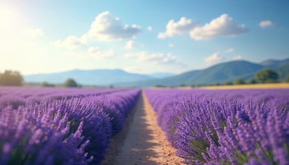 Vast purple lavender field under blue sky with fluffy white clouds. Distant mountains complete serene summer landscape. Aromatic flowers bloom in neat rows, creating natural beauty in countryside on