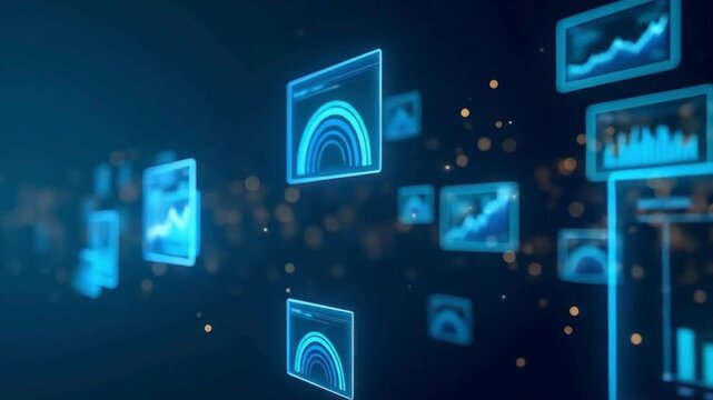 Futuristic digital analytics interface with floating data charts, advanced technology dashboard visuals, cyber information display animation, high-tech virtual statistics network video