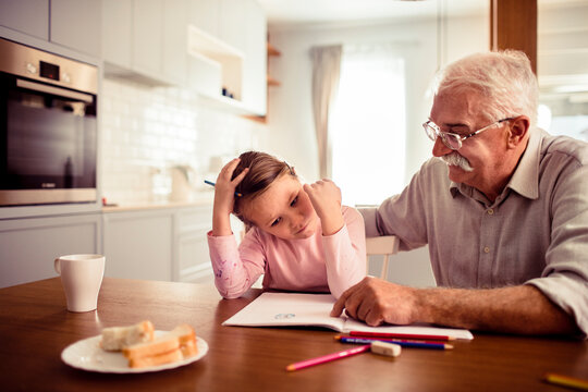 Senior grandfather helping frustrated child granddaughter with homework at home kitchen
