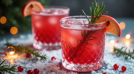 Two refreshing cocktails featuring pomegranate and rosemary are presented in stylish glasses. The drinks are set on a winter themed table surrounded by decorative snow and shimmering lights