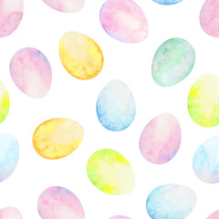 Seamless pattern with pastel watercolor Easter eggs in soft rainbow tones. Light, playful and festive design perfect for children&rsquo;s decor, spring crafts, wrapping paper and holiday projects.