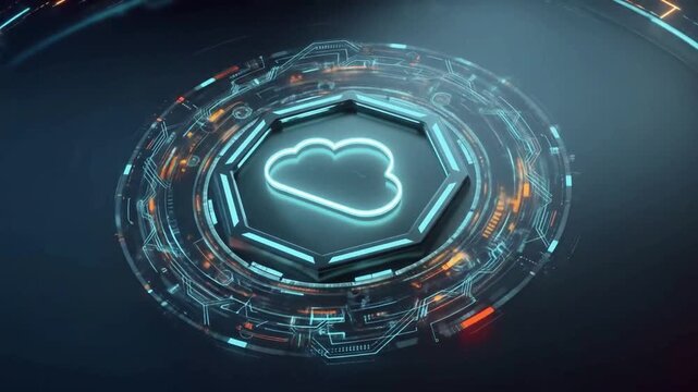 Futuristic cloud computing interface with glowing digital hologram, advanced data storage technology animation, cyber network platform, high-tech virtual system connectivity video