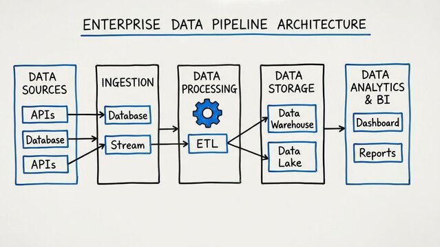 Enterprise data pipeline architecture flowchart detailing data sources, ingestion, processing with etl, storage in data warehouses and lakes, and data analytics leading to dashboards and reports