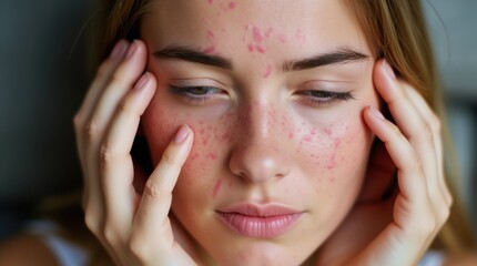 Young woman suffering from problem skin and acne closeup 
