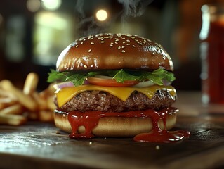 Juicy Cheeseburger with melted cheese lettuce tomato and dripping ketchup on wooden table
