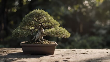 Ancient Juniper Bonsai Tree on Rustic Wooden Surface Outdoors.