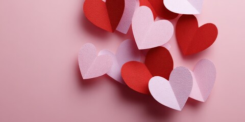 Red and pink paper hearts on soft pink background for romantic decor and valentine's day