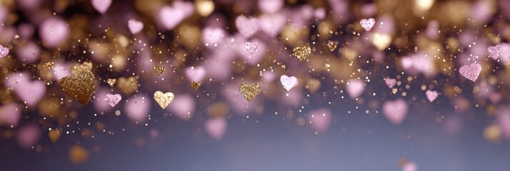 Pink and gold hearts floating in a dreamy abstract background