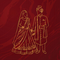 Minimalist Golden Line Art Illustration of Indian Wedding Couple Bride and Groom in Traditional Attire on Deep Red Background