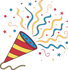 A colorful party popper with confetti explosion of joy
