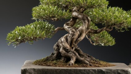 Ancient Twisted Bonsai Tree in a Stone Pot.