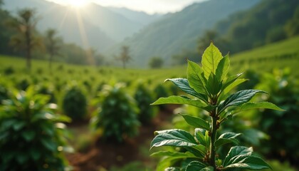 Obraz premium Close up of vibrant green coffee plant with young leaves. Sun shines brightly on vast eco plantation field. Rows of coffee crops stretch toward distant misty mountains. Beautiful natural farm